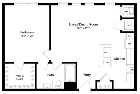 Floor plan for 1 bed, 1 bath, 824 sqft